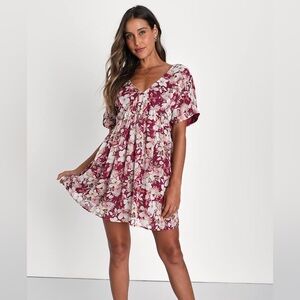 NEW Lulus Ready to Adore Red Floral Print Clip Dot Babydoll Dress - Size Medium